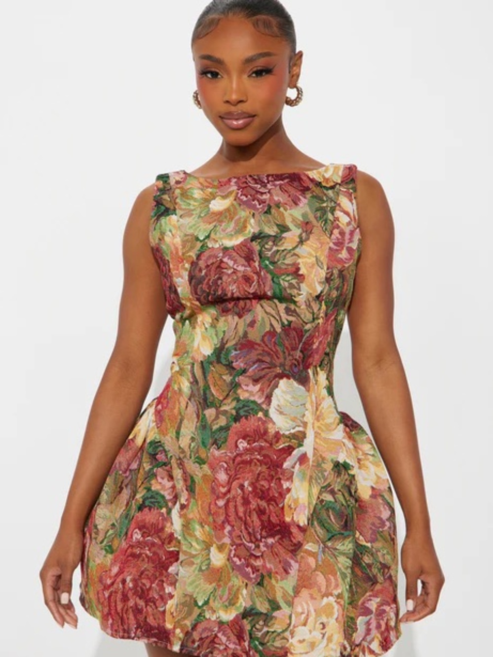 Fashion Nova Floral Jacquard Fit & Flare Mini Dress - Red & Green